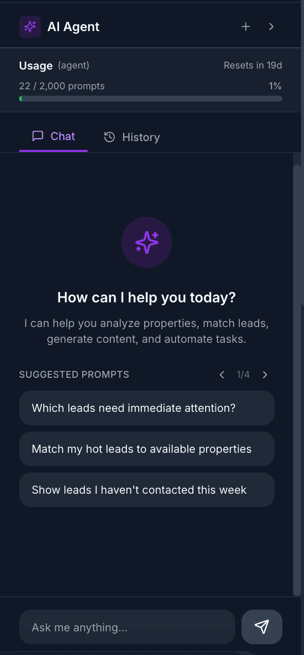 Realomate AI Agent panel showing natural language lead management and message drafting