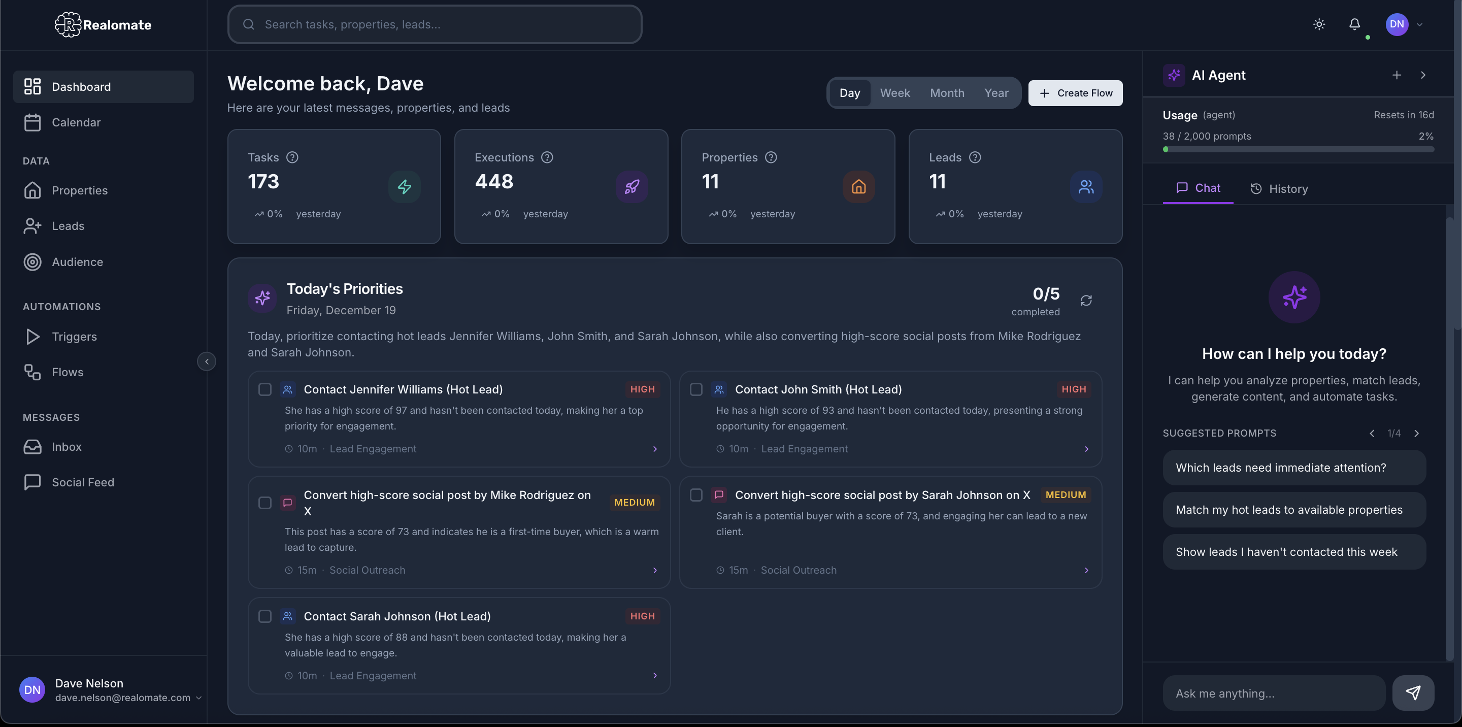 Realomate Dashboard - Complete command center showing property tracking, lead management, and automation workflows for real estate professionals