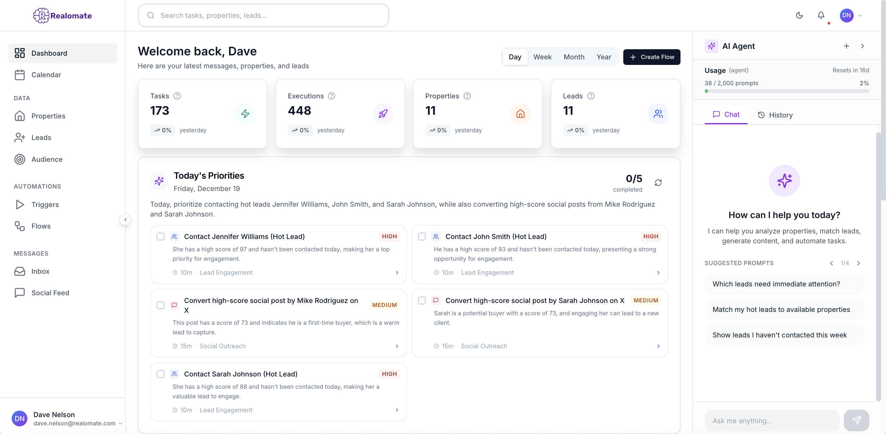 Realomate Dashboard - Complete command center showing property tracking, lead management, and automation workflows for real estate professionals